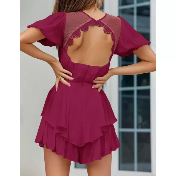 imageZESICA Womens Boho Rompers Sexy Short Puff Sleeve Mesh Patchwork Ruffle Tiered Layered Short Jumpsuit PlaysuitsFuchsia