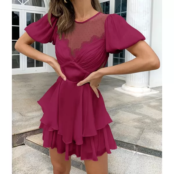 imageZESICA Womens Boho Rompers Sexy Short Puff Sleeve Mesh Patchwork Ruffle Tiered Layered Short Jumpsuit PlaysuitsFuchsia