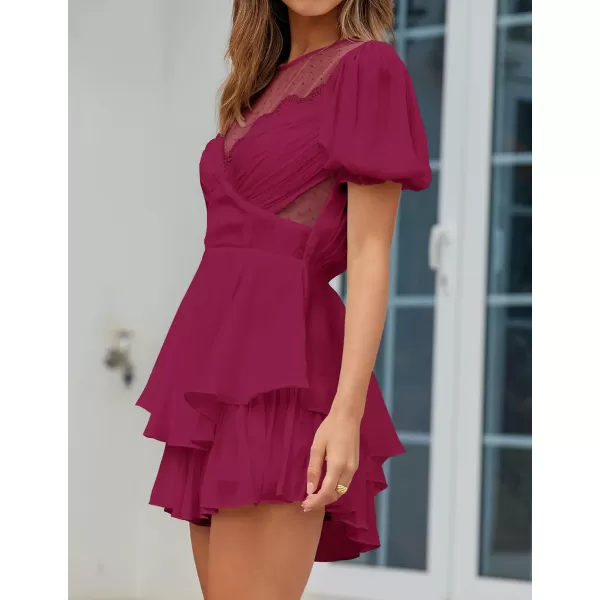 imageZESICA Womens Boho Rompers Sexy Short Puff Sleeve Mesh Patchwork Ruffle Tiered Layered Short Jumpsuit PlaysuitsFuchsia