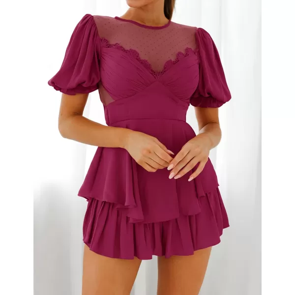 imageZESICA Womens Boho Rompers Sexy Short Puff Sleeve Mesh Patchwork Ruffle Tiered Layered Short Jumpsuit PlaysuitsFuchsia