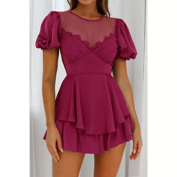 imageZESICA Womens Boho Rompers Sexy Short Puff Sleeve Mesh Patchwork Ruffle Tiered Layered Short Jumpsuit PlaysuitsFuchsia