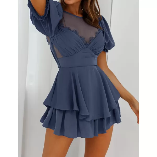 imageZESICA Womens Boho Rompers Sexy Short Puff Sleeve Mesh Patchwork Ruffle Tiered Layered Short Jumpsuit PlaysuitsNavy