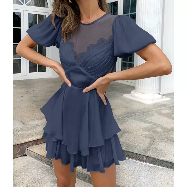 imageZESICA Womens Boho Rompers Sexy Short Puff Sleeve Mesh Patchwork Ruffle Tiered Layered Short Jumpsuit PlaysuitsNavy