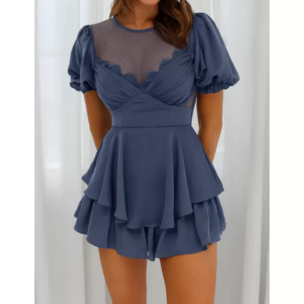 imageZESICA Womens Boho Rompers Sexy Short Puff Sleeve Mesh Patchwork Ruffle Tiered Layered Short Jumpsuit PlaysuitsNavy