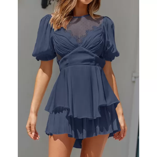 imageZESICA Womens Boho Rompers Sexy Short Puff Sleeve Mesh Patchwork Ruffle Tiered Layered Short Jumpsuit PlaysuitsNavy