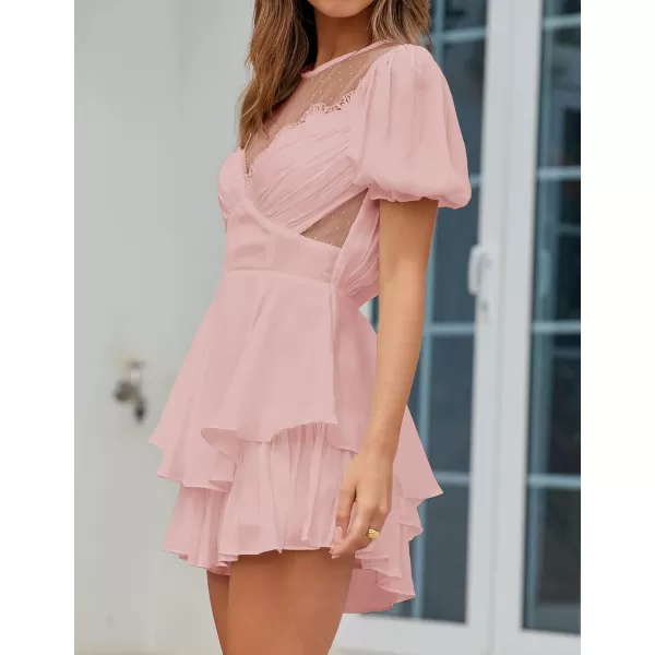 imageZESICA Womens Boho Rompers Sexy Short Puff Sleeve Mesh Patchwork Ruffle Tiered Layered Short Jumpsuit PlaysuitsPink