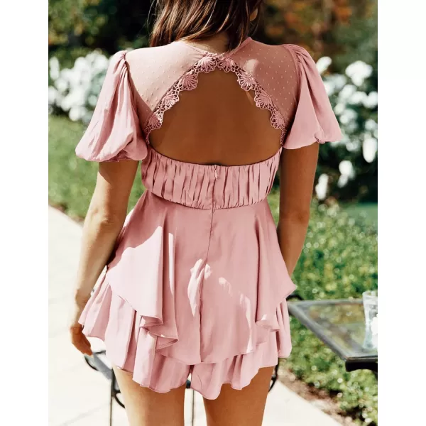 imageZESICA Womens Boho Rompers Sexy Short Puff Sleeve Mesh Patchwork Ruffle Tiered Layered Short Jumpsuit PlaysuitsPink