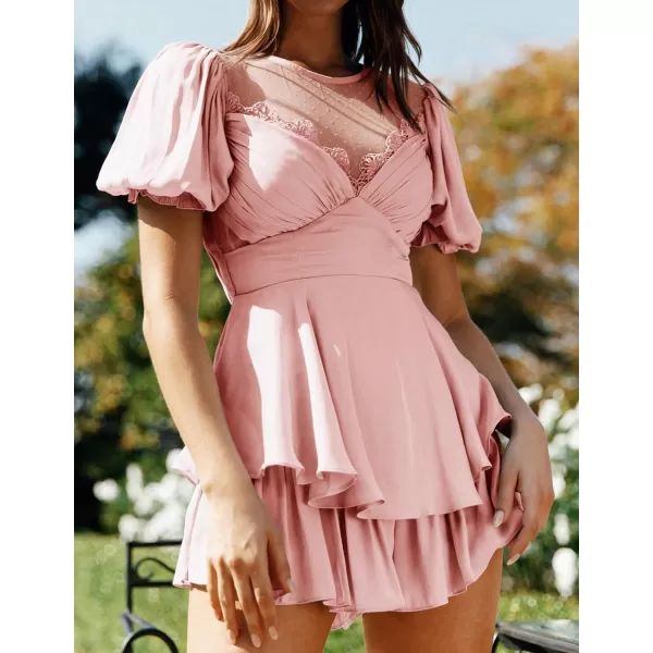 imageZESICA Womens Boho Rompers Sexy Short Puff Sleeve Mesh Patchwork Ruffle Tiered Layered Short Jumpsuit PlaysuitsPink