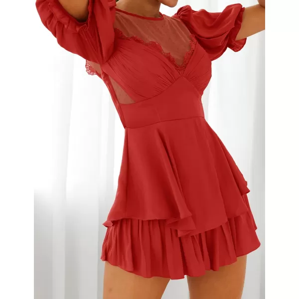 imageZESICA Womens Boho Rompers Sexy Short Puff Sleeve Mesh Patchwork Ruffle Tiered Layered Short Jumpsuit PlaysuitsRed