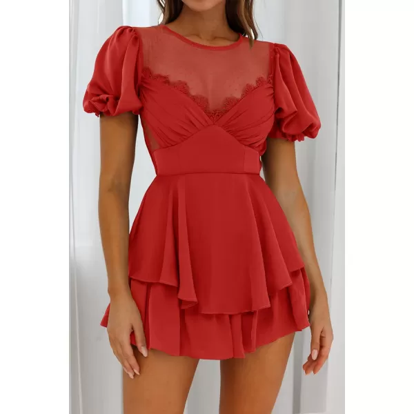 imageZESICA Womens Boho Rompers Sexy Short Puff Sleeve Mesh Patchwork Ruffle Tiered Layered Short Jumpsuit PlaysuitsRed