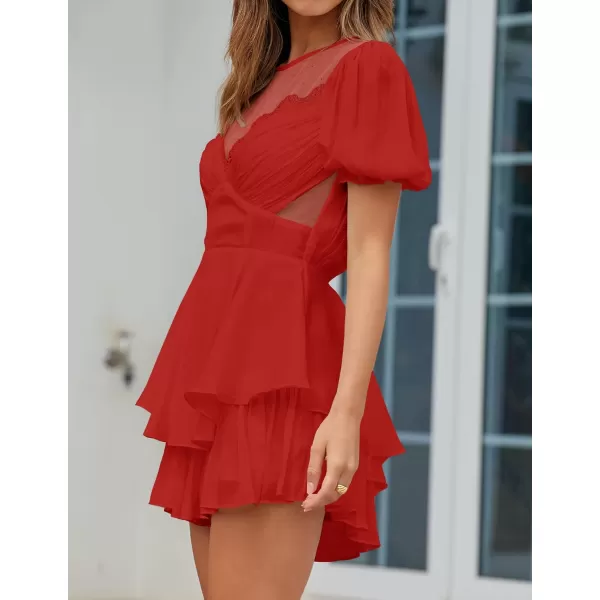 imageZESICA Womens Boho Rompers Sexy Short Puff Sleeve Mesh Patchwork Ruffle Tiered Layered Short Jumpsuit PlaysuitsRed