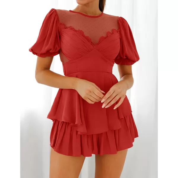 imageZESICA Womens Boho Rompers Sexy Short Puff Sleeve Mesh Patchwork Ruffle Tiered Layered Short Jumpsuit PlaysuitsRed