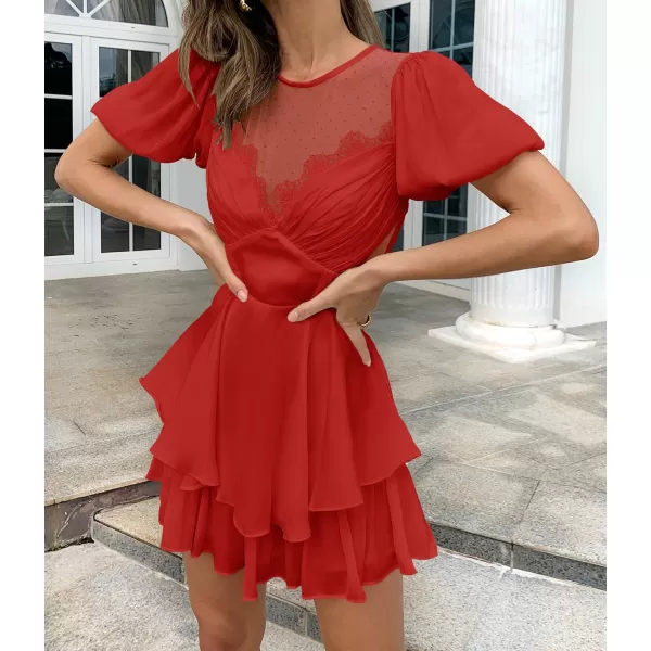 imageZESICA Womens Boho Rompers Sexy Short Puff Sleeve Mesh Patchwork Ruffle Tiered Layered Short Jumpsuit PlaysuitsRed
