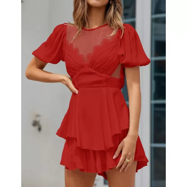 imageZESICA Womens Boho Rompers Sexy Short Puff Sleeve Mesh Patchwork Ruffle Tiered Layered Short Jumpsuit PlaysuitsRed