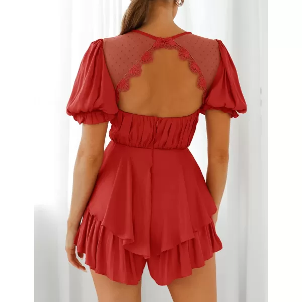 imageZESICA Womens Boho Rompers Sexy Short Puff Sleeve Mesh Patchwork Ruffle Tiered Layered Short Jumpsuit PlaysuitsRed