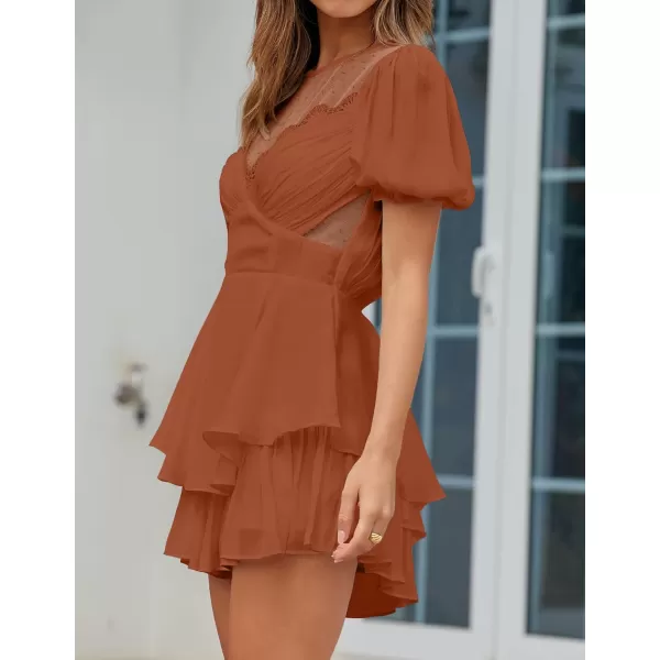 imageZESICA Womens Boho Rompers Sexy Short Puff Sleeve Mesh Patchwork Ruffle Tiered Layered Short Jumpsuit PlaysuitsRust