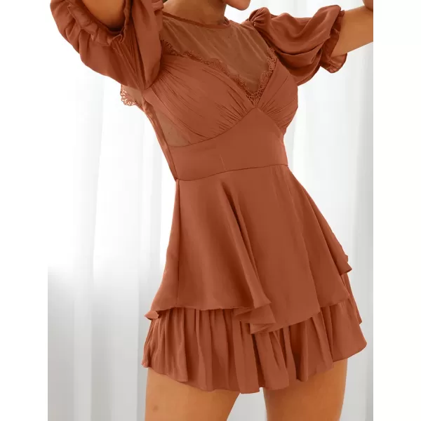 imageZESICA Womens Boho Rompers Sexy Short Puff Sleeve Mesh Patchwork Ruffle Tiered Layered Short Jumpsuit PlaysuitsRust