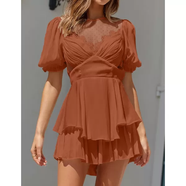 imageZESICA Womens Boho Rompers Sexy Short Puff Sleeve Mesh Patchwork Ruffle Tiered Layered Short Jumpsuit PlaysuitsRust