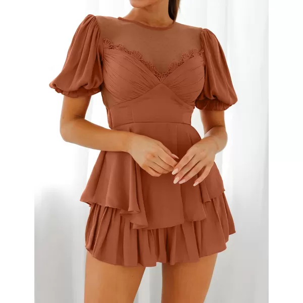 imageZESICA Womens Boho Rompers Sexy Short Puff Sleeve Mesh Patchwork Ruffle Tiered Layered Short Jumpsuit PlaysuitsRust
