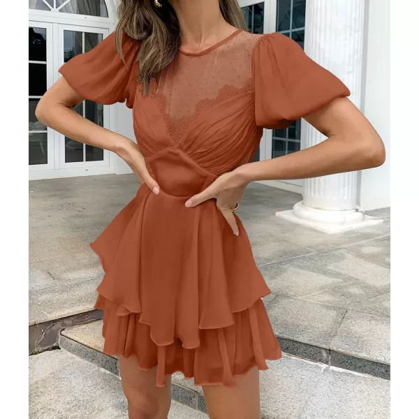 imageZESICA Womens Boho Rompers Sexy Short Puff Sleeve Mesh Patchwork Ruffle Tiered Layered Short Jumpsuit PlaysuitsRust