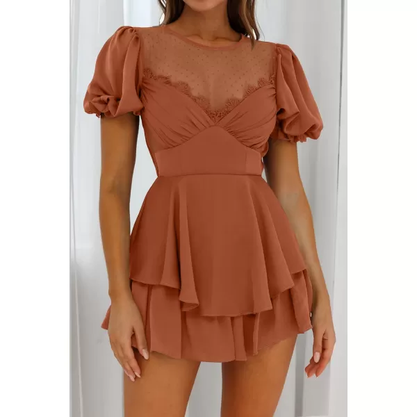 imageZESICA Womens Boho Rompers Sexy Short Puff Sleeve Mesh Patchwork Ruffle Tiered Layered Short Jumpsuit PlaysuitsRust