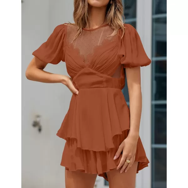 imageZESICA Womens Boho Rompers Sexy Short Puff Sleeve Mesh Patchwork Ruffle Tiered Layered Short Jumpsuit PlaysuitsRust