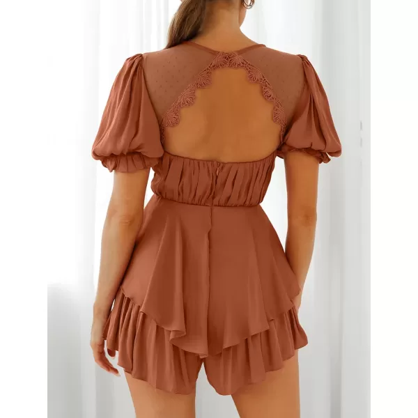 imageZESICA Womens Boho Rompers Sexy Short Puff Sleeve Mesh Patchwork Ruffle Tiered Layered Short Jumpsuit PlaysuitsRust