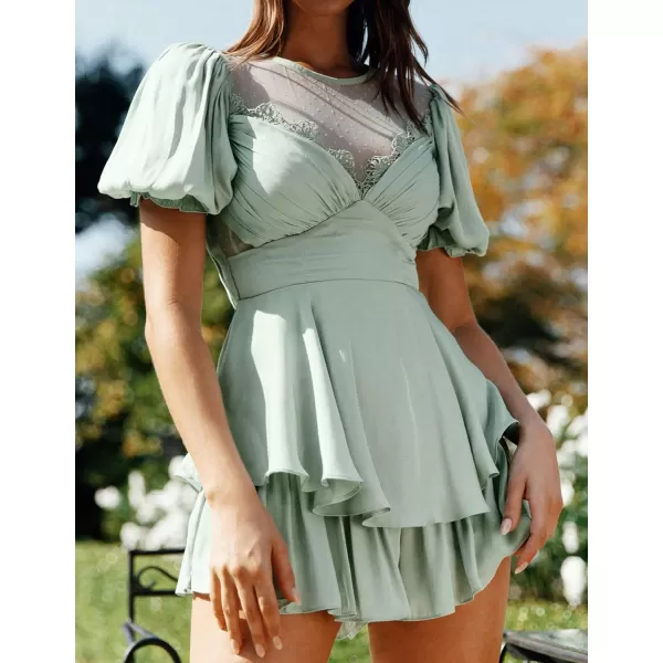 imageZESICA Womens Boho Rompers Sexy Short Puff Sleeve Mesh Patchwork Ruffle Tiered Layered Short Jumpsuit PlaysuitsSage