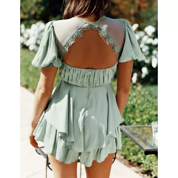 imageZESICA Womens Boho Rompers Sexy Short Puff Sleeve Mesh Patchwork Ruffle Tiered Layered Short Jumpsuit PlaysuitsSage