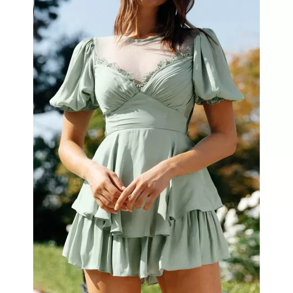 imageZESICA Womens Boho Rompers Sexy Short Puff Sleeve Mesh Patchwork Ruffle Tiered Layered Short Jumpsuit PlaysuitsSage