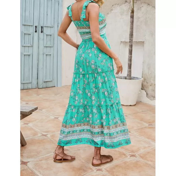 imageZESICA Womens Boho Summer Floral Print Tie Straps Sleeveless Square Neck Smocked Flowy Ruffle A Line Maxi DressAqua