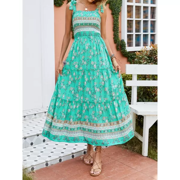 imageZESICA Womens Boho Summer Floral Print Tie Straps Sleeveless Square Neck Smocked Flowy Ruffle A Line Maxi DressAqua