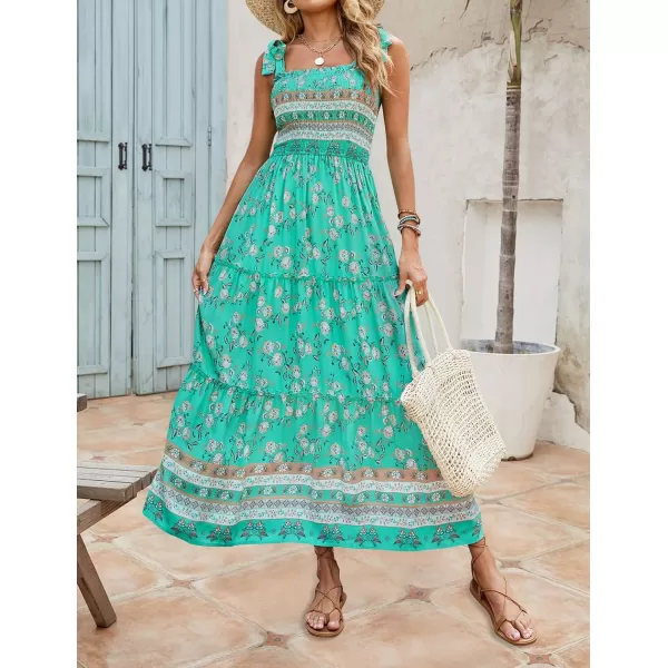 imageZESICA Womens Boho Summer Floral Print Tie Straps Sleeveless Square Neck Smocked Flowy Ruffle A Line Maxi DressAqua