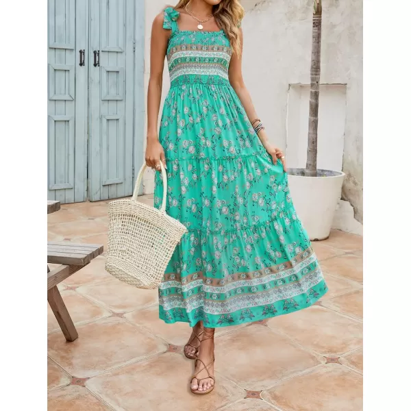 imageZESICA Womens Boho Summer Floral Print Tie Straps Sleeveless Square Neck Smocked Flowy Ruffle A Line Maxi DressAqua