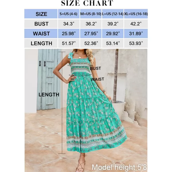 imageZESICA Womens Boho Summer Floral Print Tie Straps Sleeveless Square Neck Smocked Flowy Ruffle A Line Maxi DressAqua