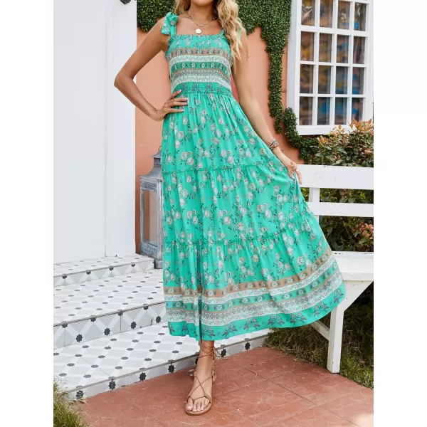 imageZESICA Womens Boho Summer Floral Print Tie Straps Sleeveless Square Neck Smocked Flowy Ruffle A Line Maxi DressAqua
