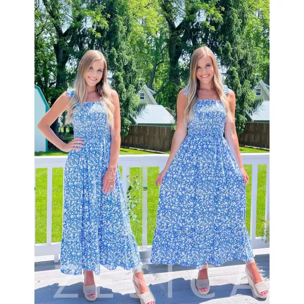 imageZESICA Womens Boho Summer Floral Print Tie Straps Sleeveless Square Neck Smocked Flowy Ruffle A Line Maxi DressBlue