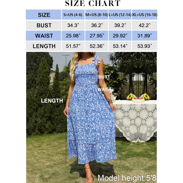 imageZESICA Womens Boho Summer Floral Print Tie Straps Sleeveless Square Neck Smocked Flowy Ruffle A Line Maxi DressBlue