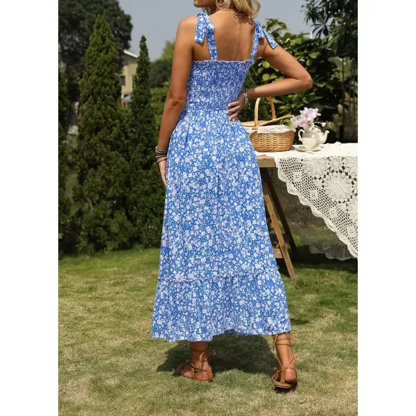 imageZESICA Womens Boho Summer Floral Print Tie Straps Sleeveless Square Neck Smocked Flowy Ruffle A Line Maxi DressBlue
