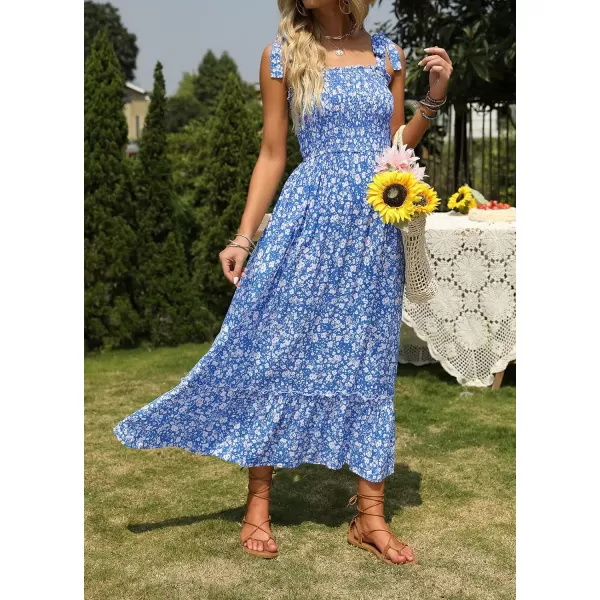 imageZESICA Womens Boho Summer Floral Print Tie Straps Sleeveless Square Neck Smocked Flowy Ruffle A Line Maxi DressBlue