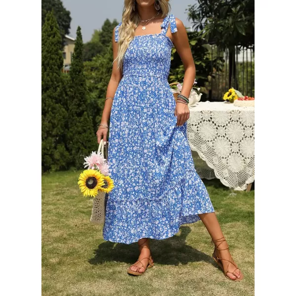 imageZESICA Womens Boho Summer Floral Print Tie Straps Sleeveless Square Neck Smocked Flowy Ruffle A Line Maxi DressBlue