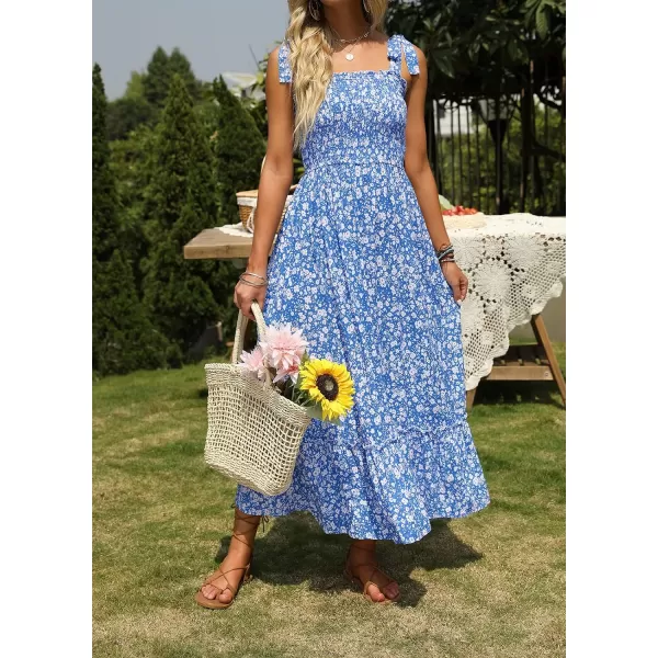 imageZESICA Womens Boho Summer Floral Print Tie Straps Sleeveless Square Neck Smocked Flowy Ruffle A Line Maxi DressBlue