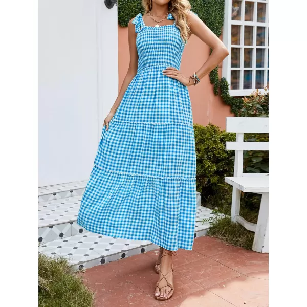 imageZESICA Womens Boho Summer Floral Print Tie Straps Sleeveless Square Neck Smocked Flowy Ruffle A Line Maxi DressBrightblue