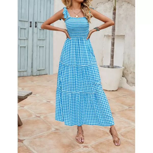 imageZESICA Womens Boho Summer Floral Print Tie Straps Sleeveless Square Neck Smocked Flowy Ruffle A Line Maxi DressBrightblue