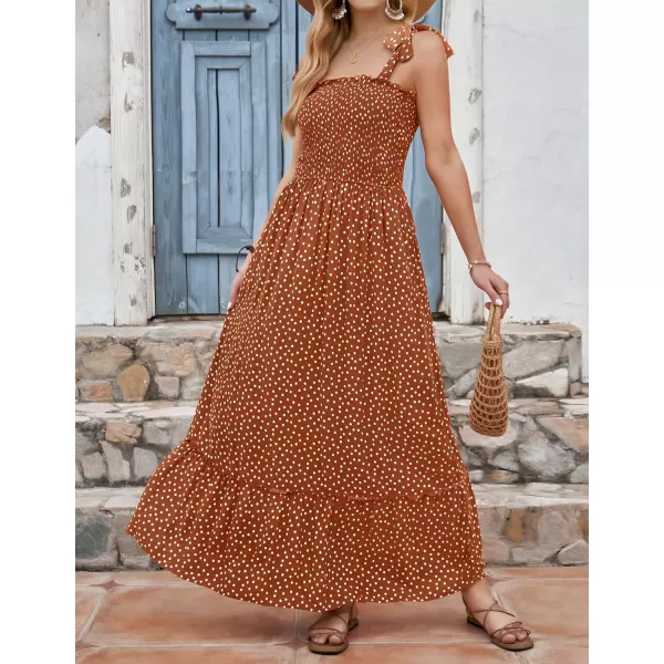imageZESICA Womens Boho Summer Floral Print Tie Straps Sleeveless Square Neck Smocked Flowy Ruffle A Line Maxi DressBrown