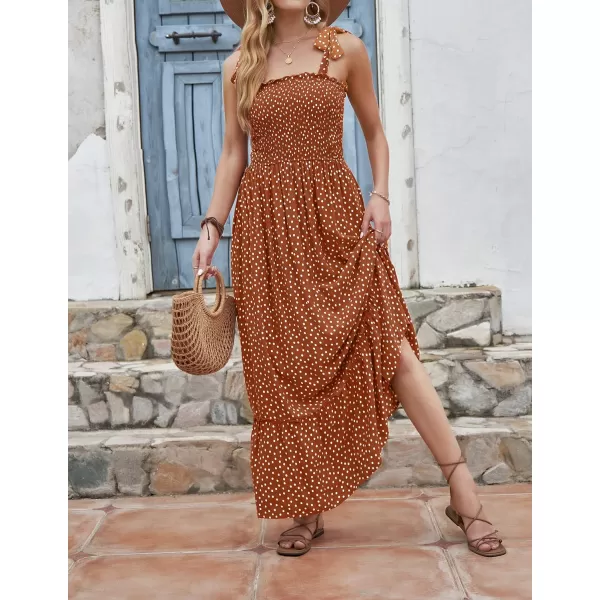 imageZESICA Womens Boho Summer Floral Print Tie Straps Sleeveless Square Neck Smocked Flowy Ruffle A Line Maxi DressBrown