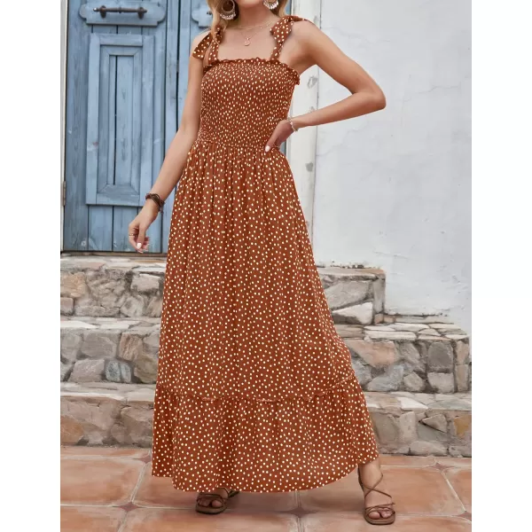 imageZESICA Womens Boho Summer Floral Print Tie Straps Sleeveless Square Neck Smocked Flowy Ruffle A Line Maxi DressBrown