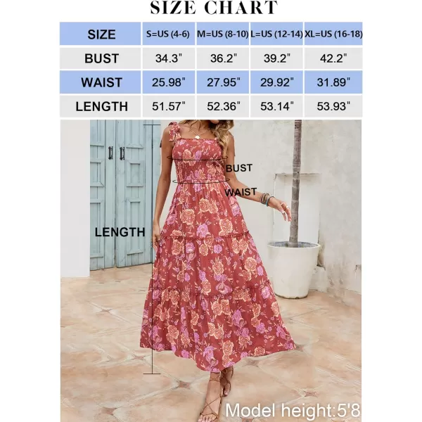 imageZESICA Womens Boho Summer Floral Print Tie Straps Sleeveless Square Neck Smocked Flowy Ruffle A Line Maxi DressBurntbrick