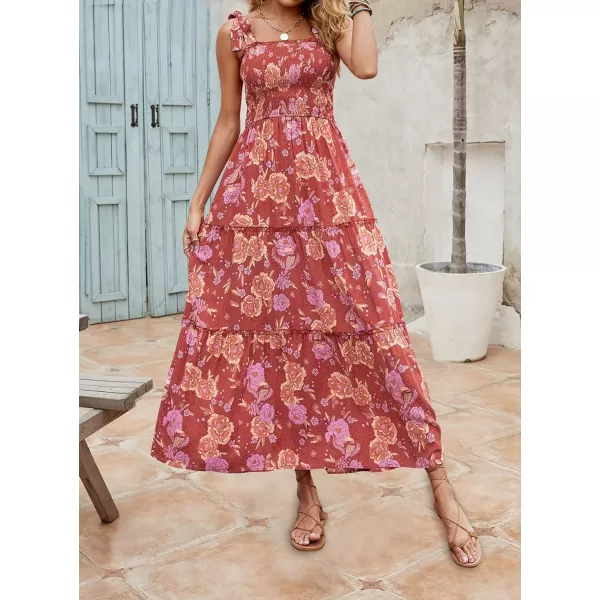imageZESICA Womens Boho Summer Floral Print Tie Straps Sleeveless Square Neck Smocked Flowy Ruffle A Line Maxi DressBurntbrick