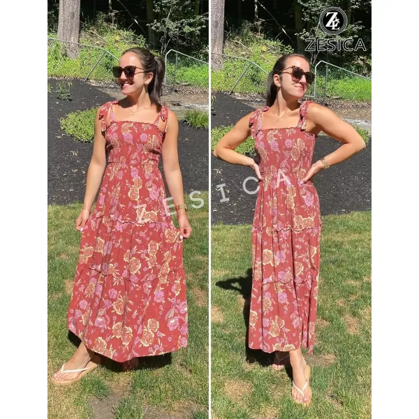 imageZESICA Womens Boho Summer Floral Print Tie Straps Sleeveless Square Neck Smocked Flowy Ruffle A Line Maxi DressBurntbrick